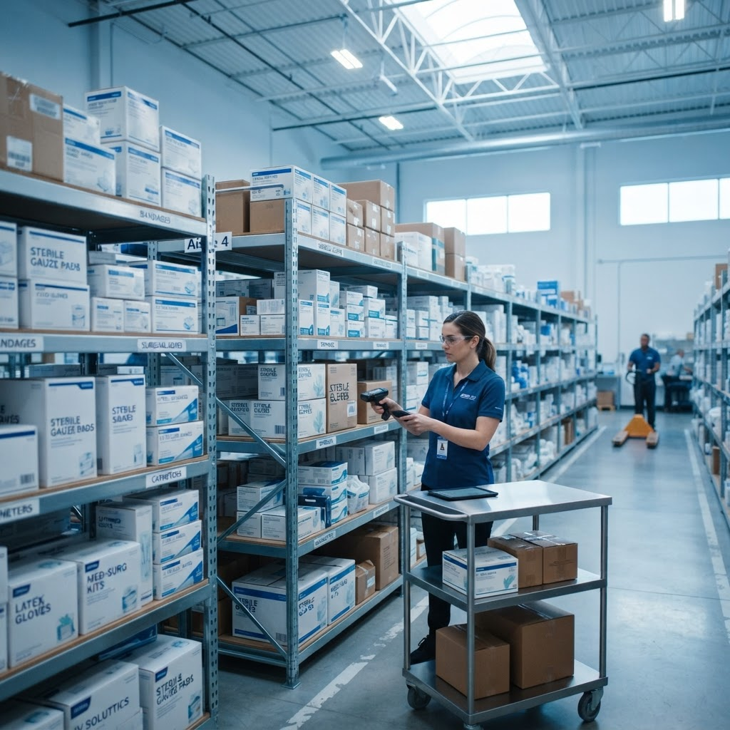 Organized medical supply warehouse with shelves of healthcare equipment